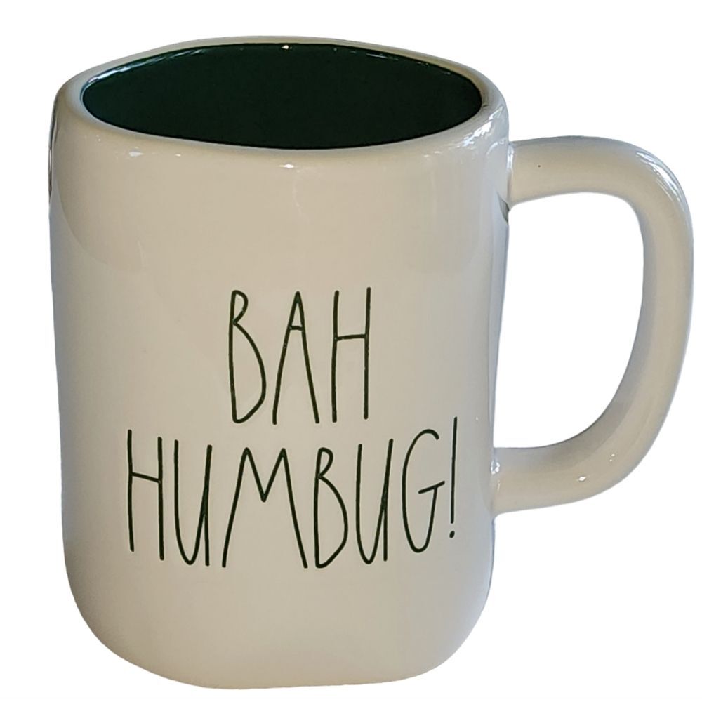 Rae Dunn BAH‎ HUMBUG Low Relief Ceramic Coffee Mug 16 Oz Ivory and Dark Green